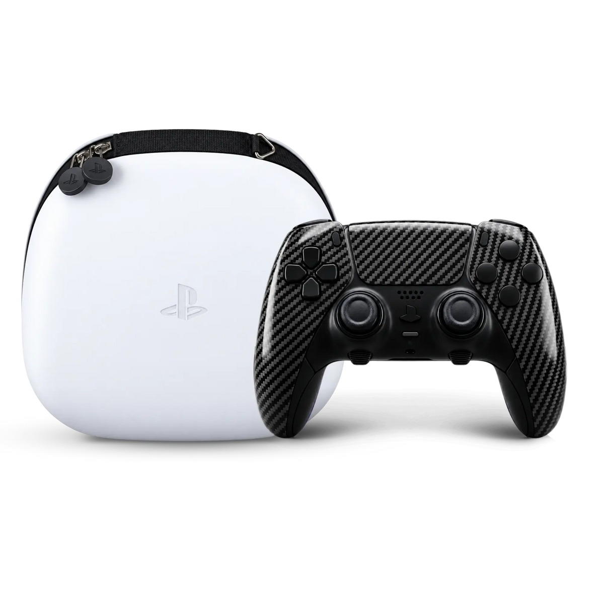 Custom carbon DualSense Edge controller with white PlayStation carrying case