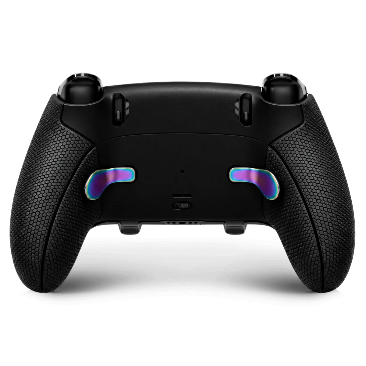 Back view of custom DualSense Edge controller with purple rear paddles
